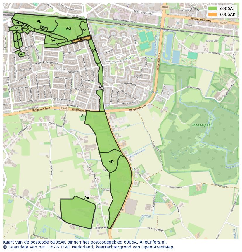 Afbeelding van het postcodegebied 6006 AK op de kaart.