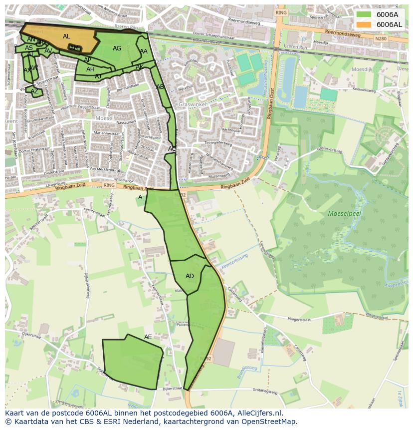 Afbeelding van het postcodegebied 6006 AL op de kaart.