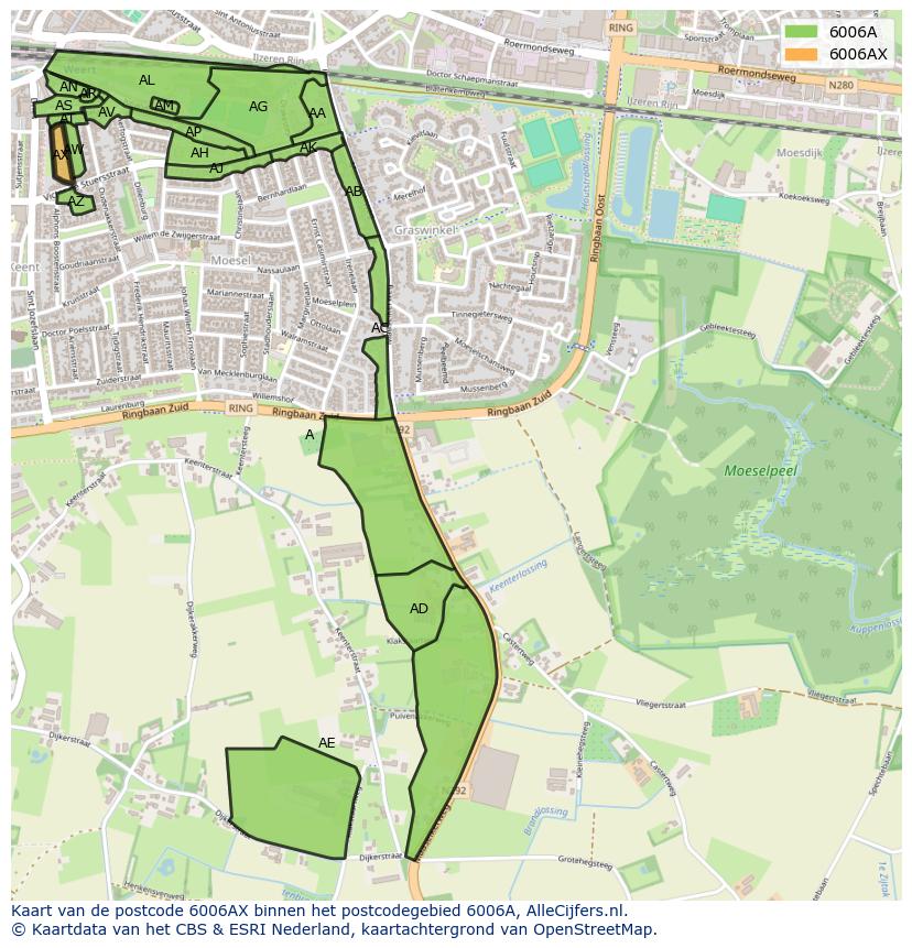Afbeelding van het postcodegebied 6006 AX op de kaart.