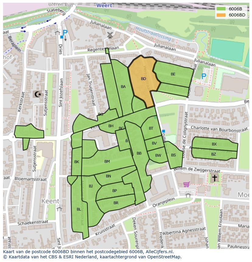Afbeelding van het postcodegebied 6006 BD op de kaart.