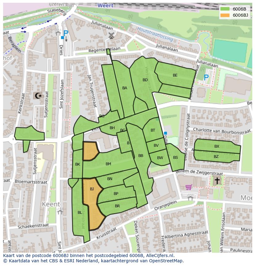 Afbeelding van het postcodegebied 6006 BJ op de kaart.
