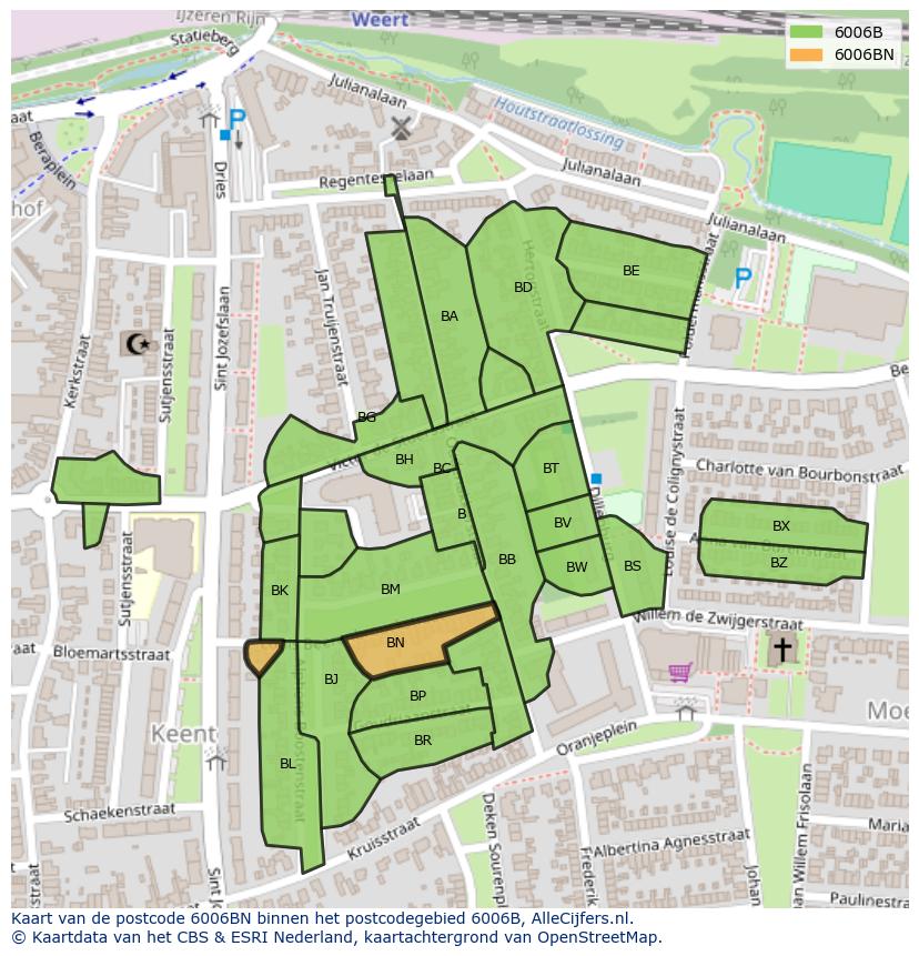 Afbeelding van het postcodegebied 6006 BN op de kaart.