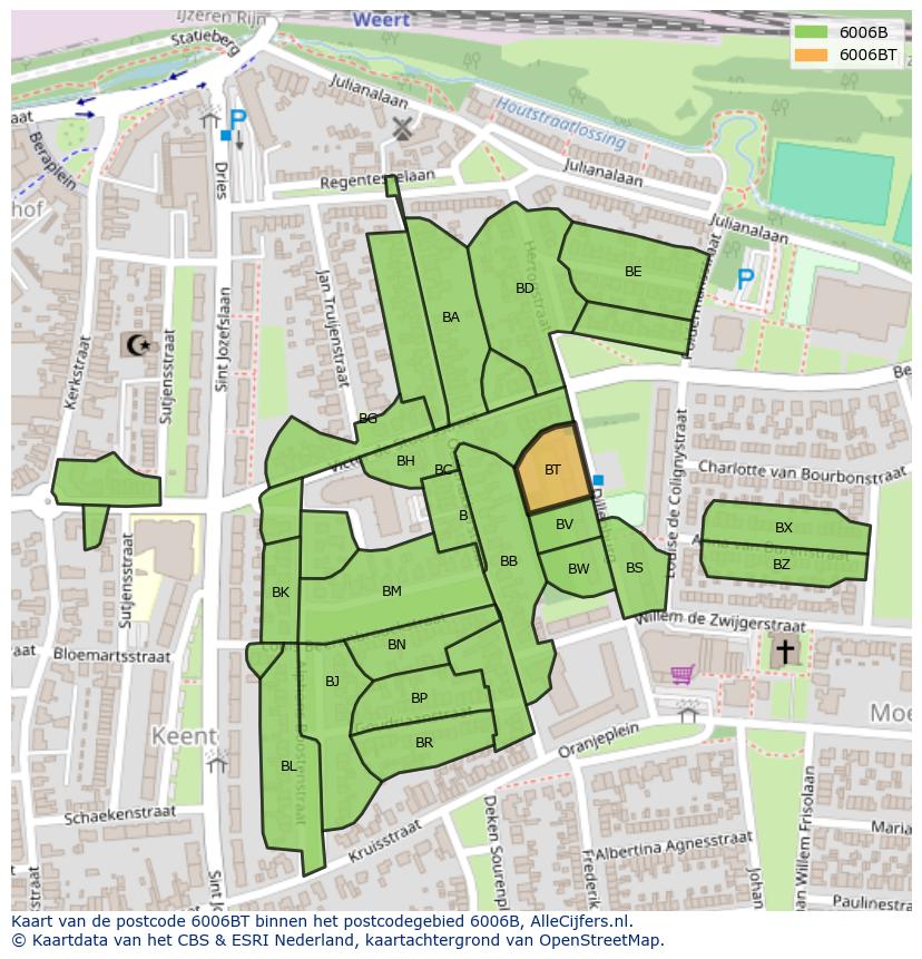 Afbeelding van het postcodegebied 6006 BT op de kaart.