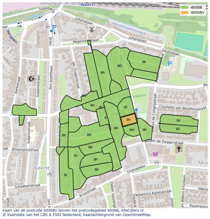 Afbeelding van het postcodegebied 6006 BV op de kaart.