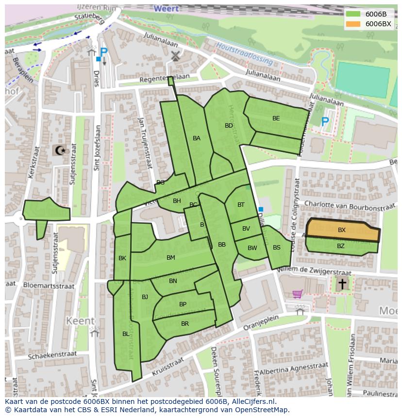 Afbeelding van het postcodegebied 6006 BX op de kaart.
