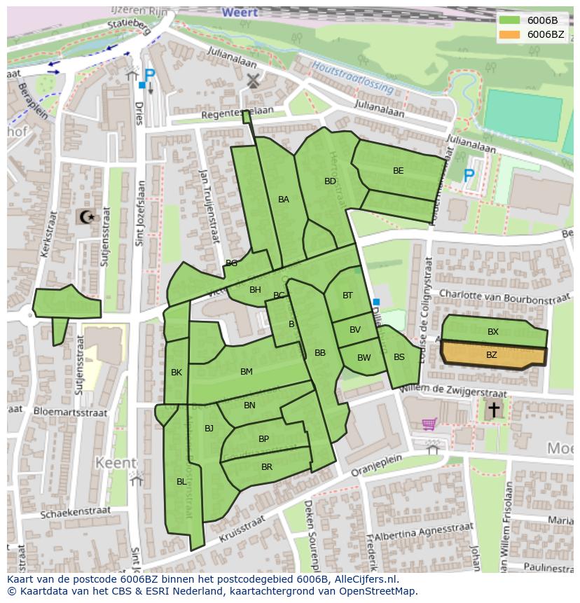Afbeelding van het postcodegebied 6006 BZ op de kaart.