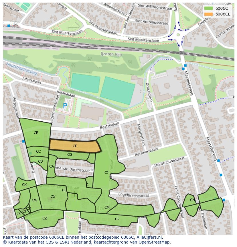 Afbeelding van het postcodegebied 6006 CE op de kaart.