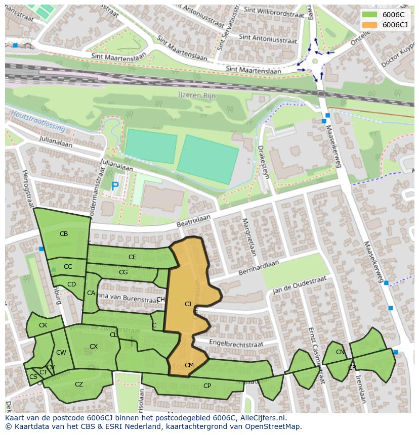 Afbeelding van het postcodegebied 6006 CJ op de kaart.