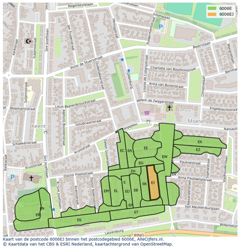 Afbeelding van het postcodegebied 6006 EJ op de kaart.