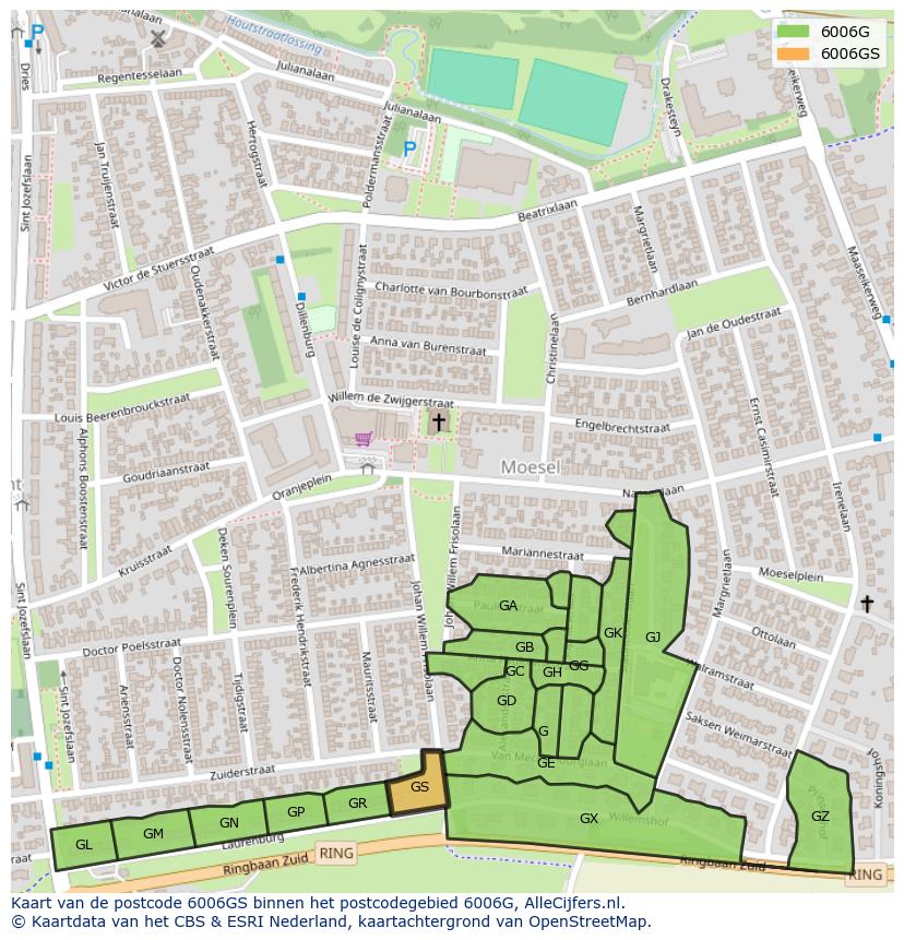 Afbeelding van het postcodegebied 6006 GS op de kaart.