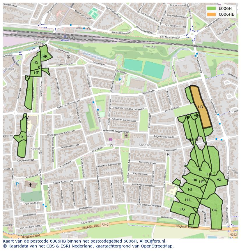 Afbeelding van het postcodegebied 6006 HB op de kaart.