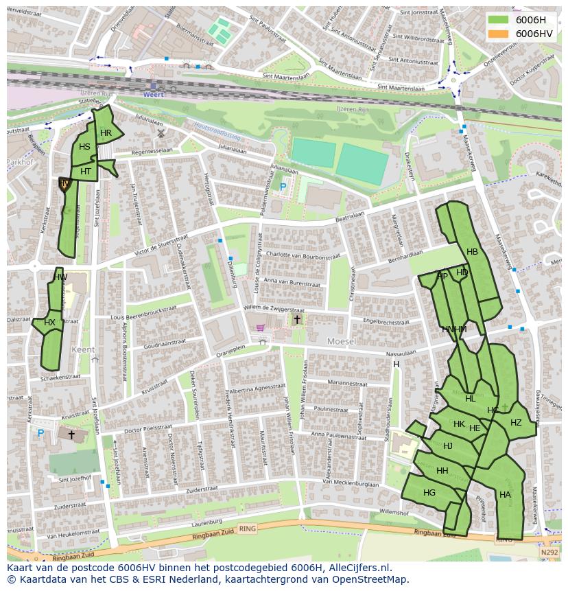 Afbeelding van het postcodegebied 6006 HV op de kaart.