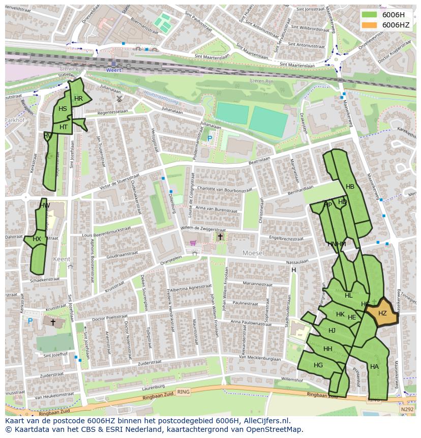 Afbeelding van het postcodegebied 6006 HZ op de kaart.