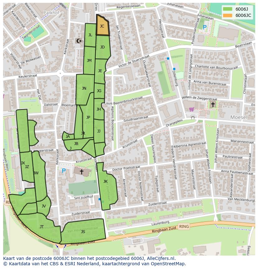 Afbeelding van het postcodegebied 6006 JC op de kaart.