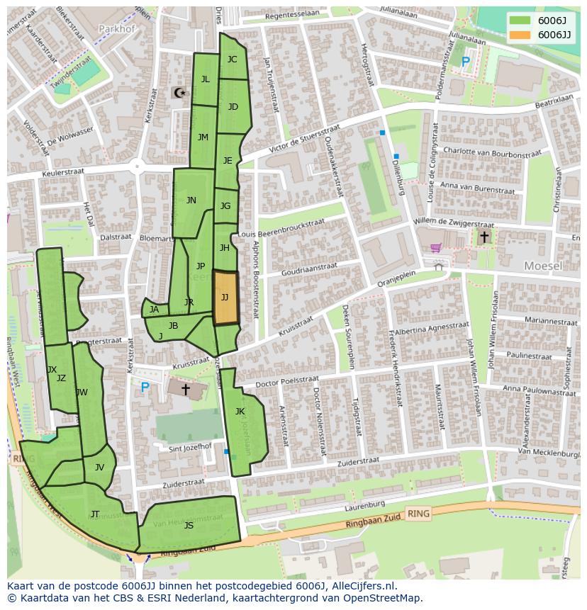 Afbeelding van het postcodegebied 6006 JJ op de kaart.