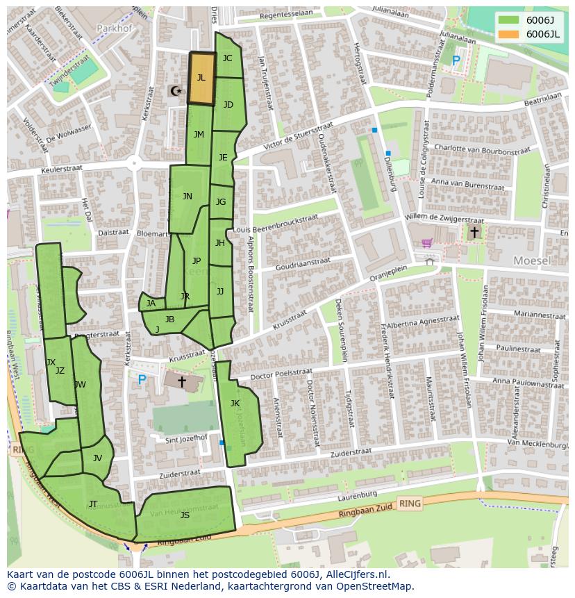 Afbeelding van het postcodegebied 6006 JL op de kaart.
