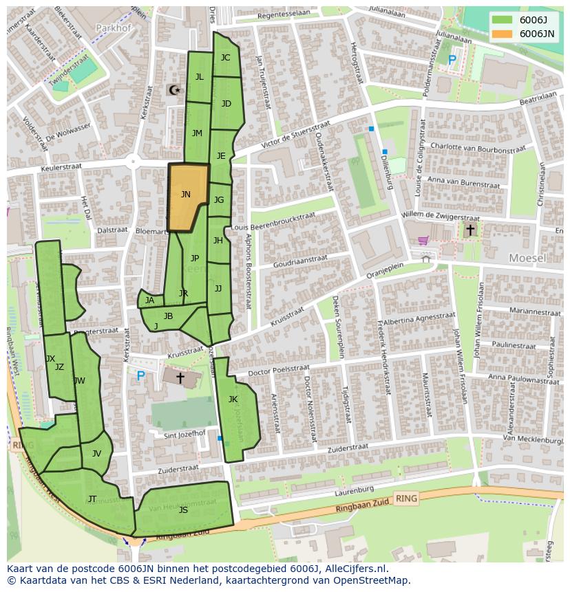 Afbeelding van het postcodegebied 6006 JN op de kaart.
