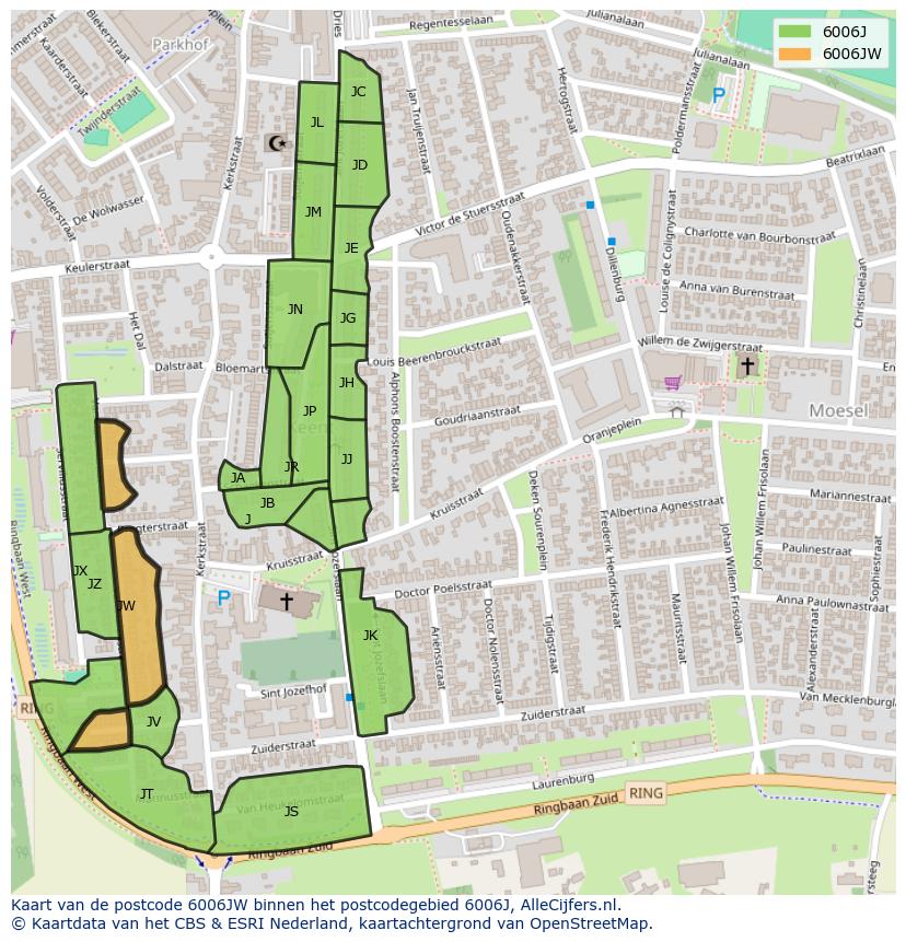 Afbeelding van het postcodegebied 6006 JW op de kaart.