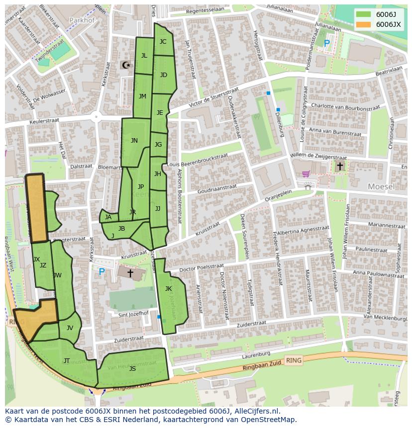 Afbeelding van het postcodegebied 6006 JX op de kaart.