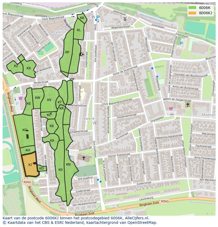 Afbeelding van het postcodegebied 6006 KJ op de kaart.