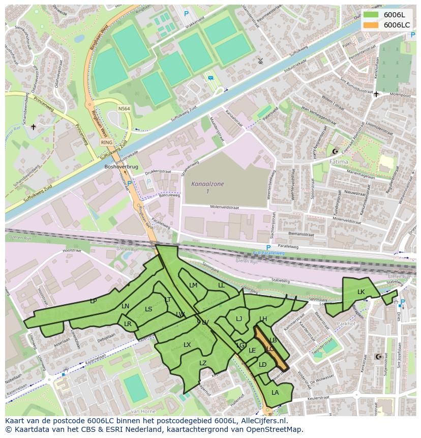 Afbeelding van het postcodegebied 6006 LC op de kaart.