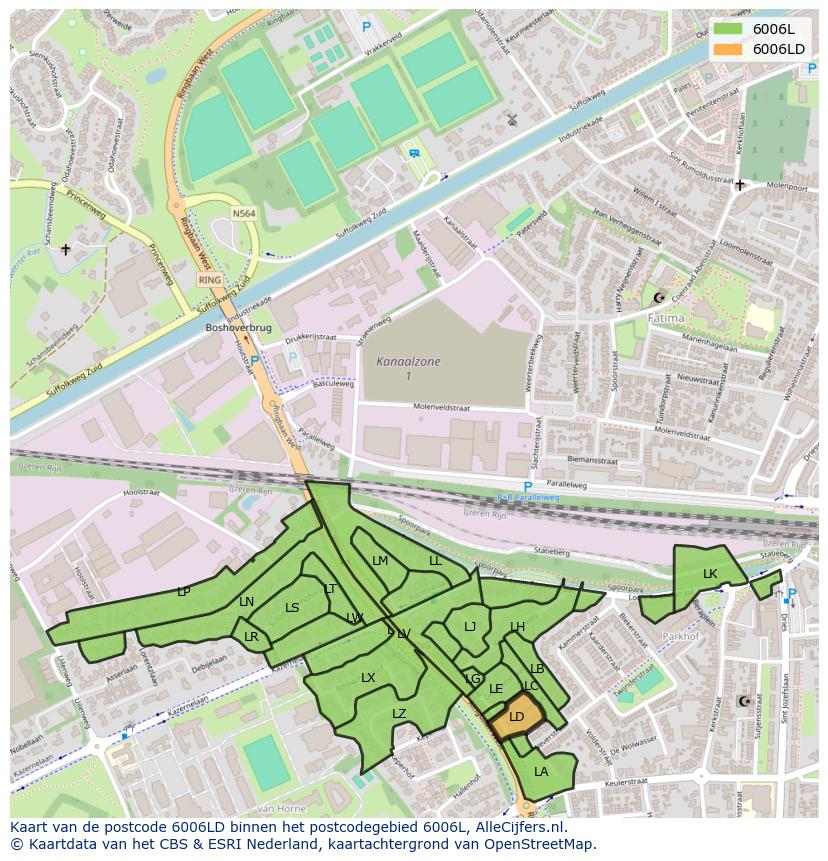 Afbeelding van het postcodegebied 6006 LD op de kaart.