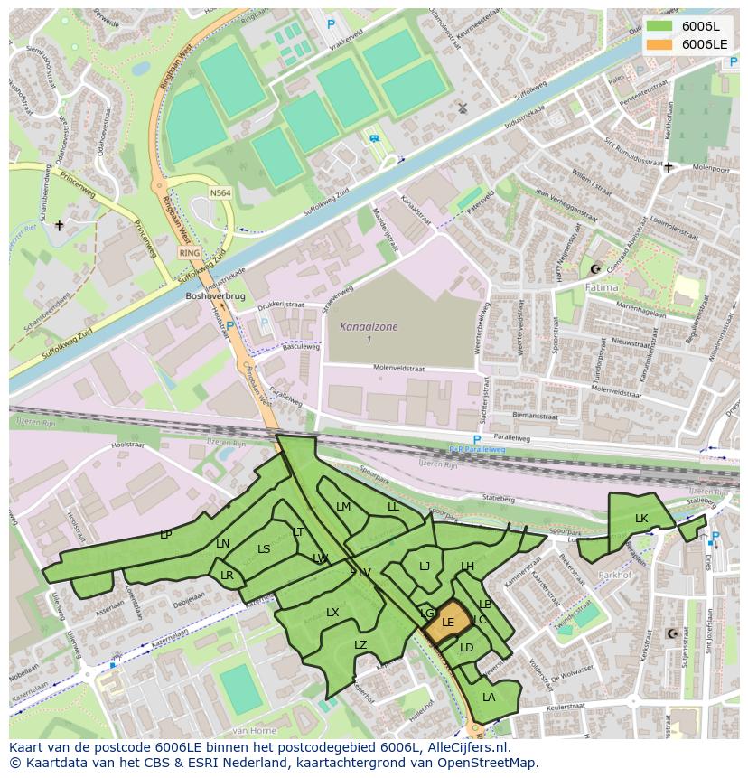 Afbeelding van het postcodegebied 6006 LE op de kaart.