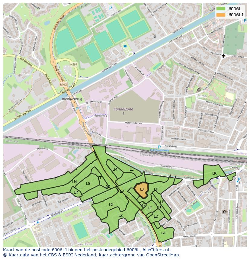 Afbeelding van het postcodegebied 6006 LJ op de kaart.