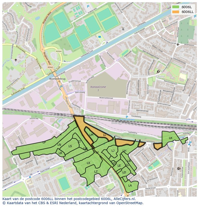 Afbeelding van het postcodegebied 6006 LL op de kaart.