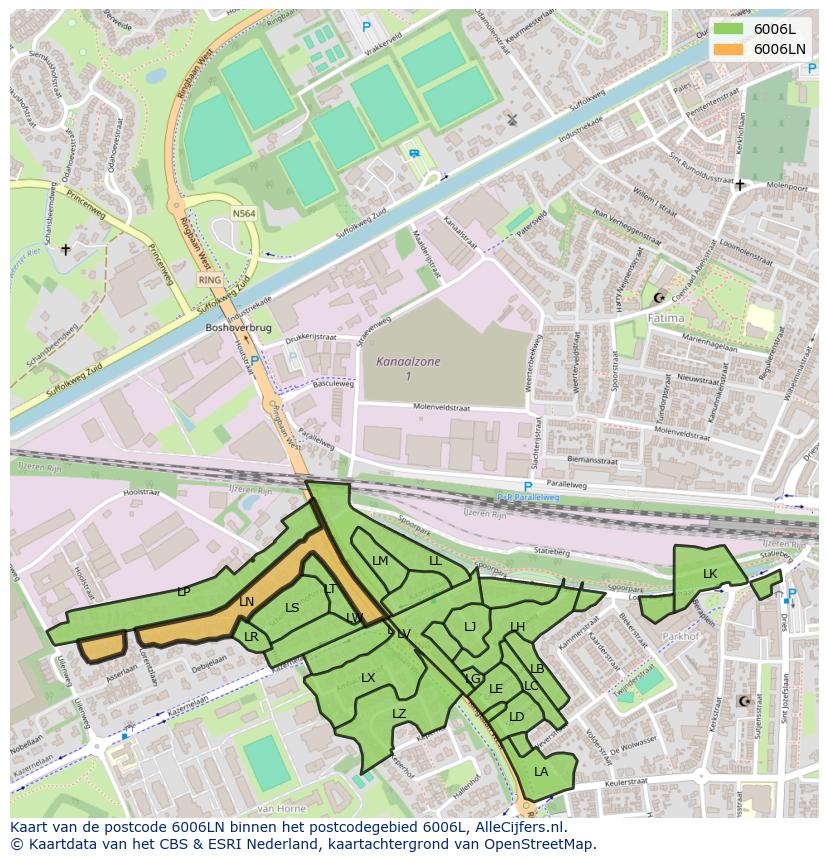 Afbeelding van het postcodegebied 6006 LN op de kaart.