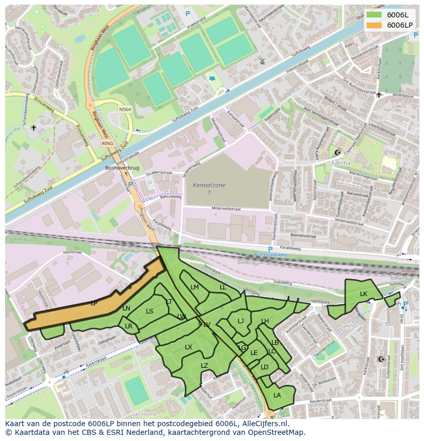 Afbeelding van het postcodegebied 6006 LP op de kaart.