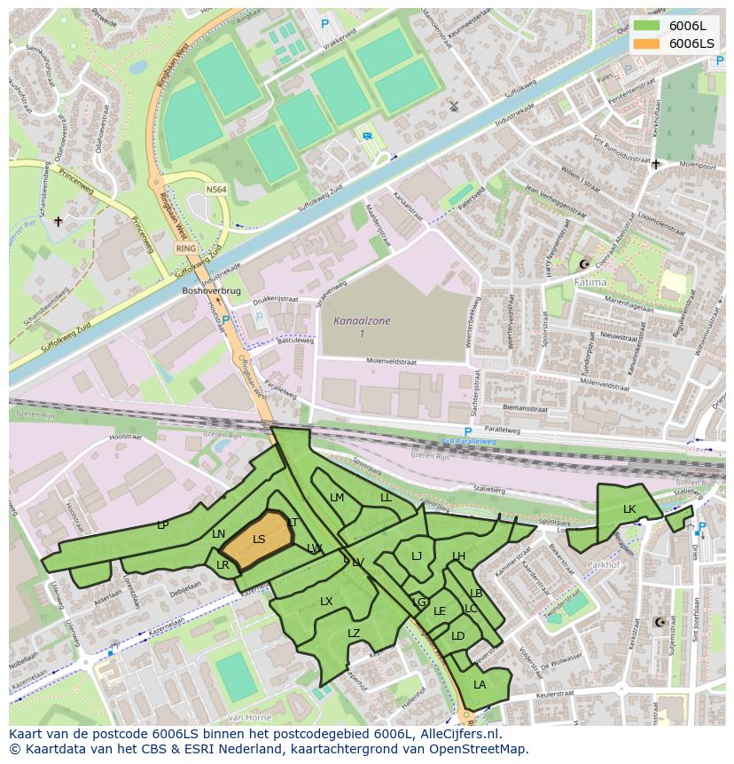 Afbeelding van het postcodegebied 6006 LS op de kaart.