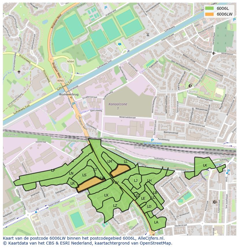 Afbeelding van het postcodegebied 6006 LW op de kaart.
