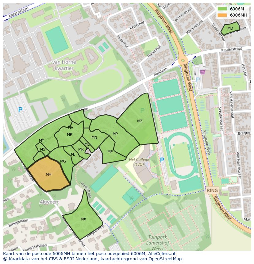 Afbeelding van het postcodegebied 6006 MH op de kaart.