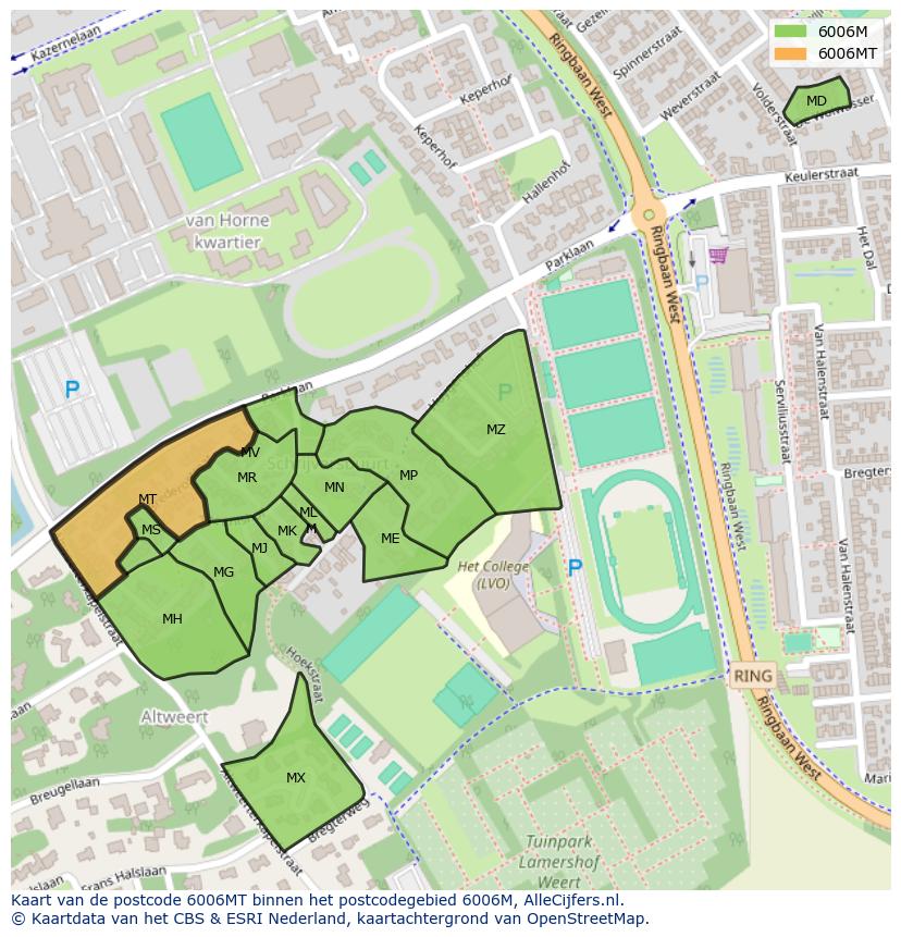 Afbeelding van het postcodegebied 6006 MT op de kaart.