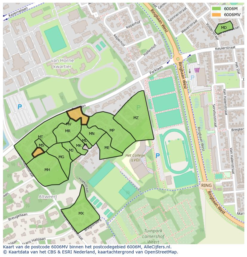 Afbeelding van het postcodegebied 6006 MV op de kaart.