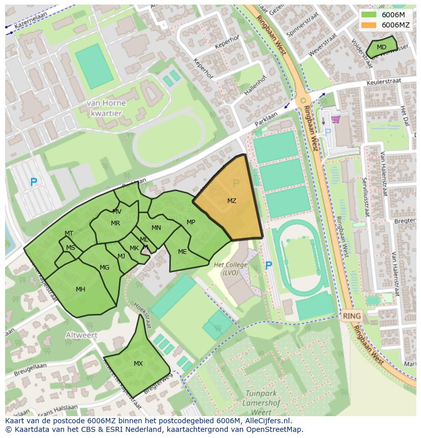 Afbeelding van het postcodegebied 6006 MZ op de kaart.
