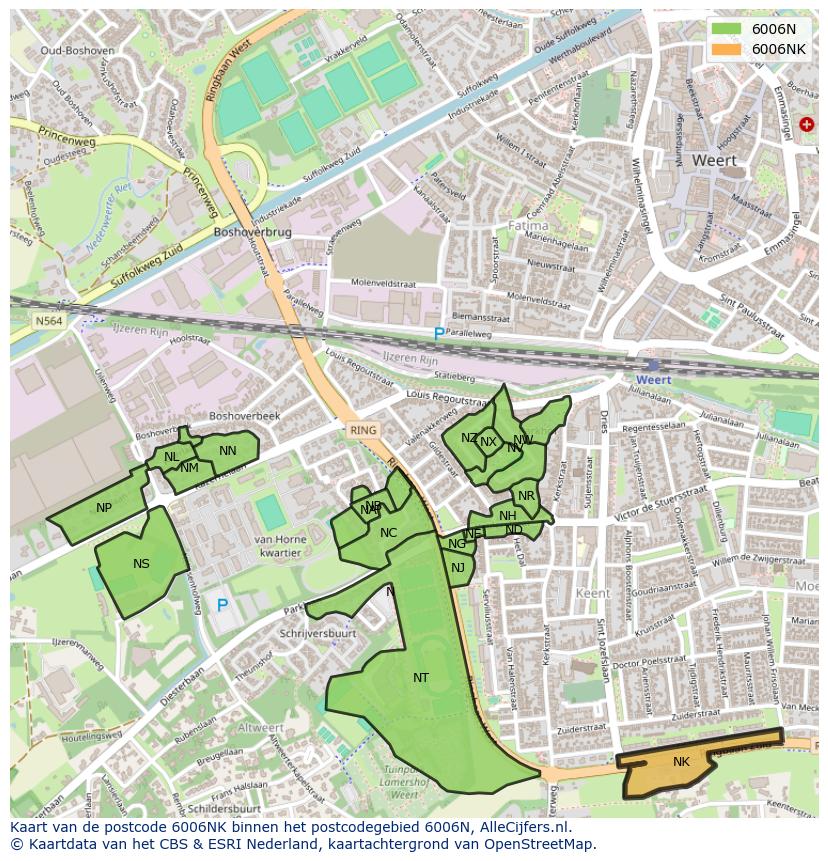 Afbeelding van het postcodegebied 6006 NK op de kaart.