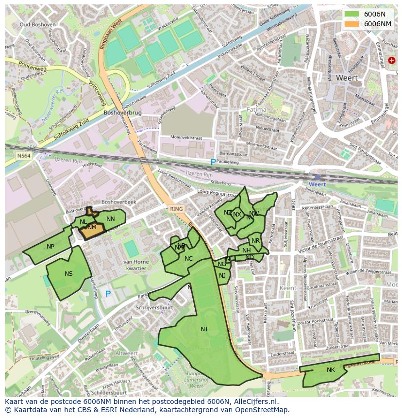 Afbeelding van het postcodegebied 6006 NM op de kaart.