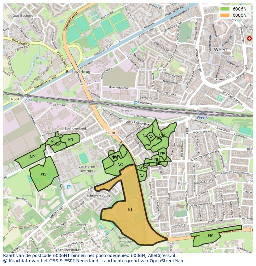 Afbeelding van het postcodegebied 6006 NT op de kaart.