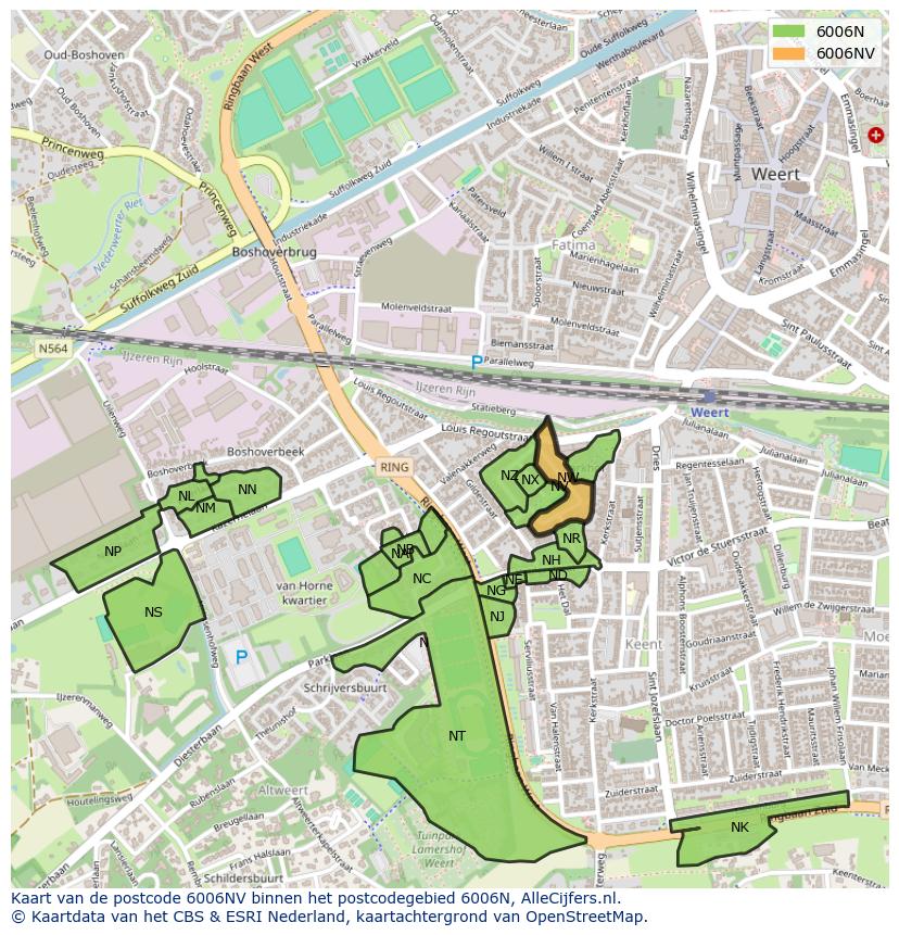 Afbeelding van het postcodegebied 6006 NV op de kaart.
