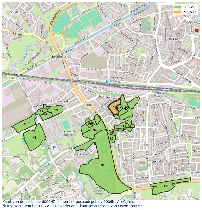 Afbeelding van het postcodegebied 6006 NZ op de kaart.