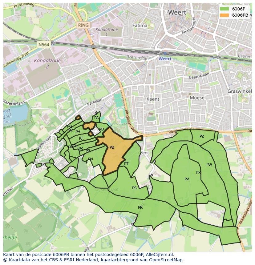 Afbeelding van het postcodegebied 6006 PB op de kaart.