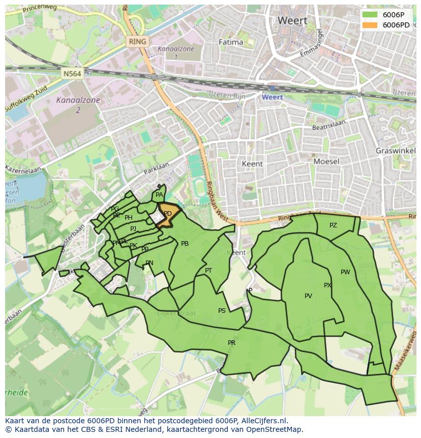 Afbeelding van het postcodegebied 6006 PD op de kaart.