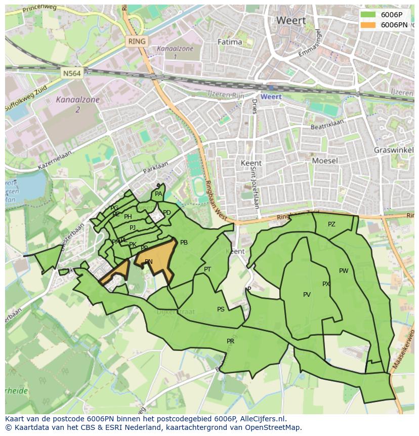 Afbeelding van het postcodegebied 6006 PN op de kaart.