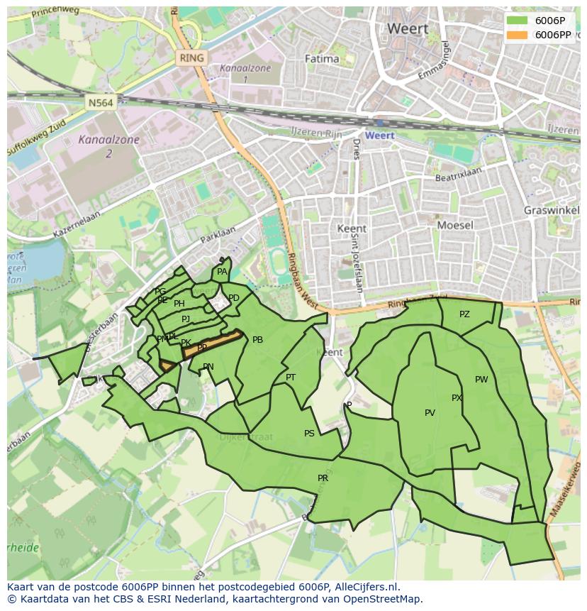 Afbeelding van het postcodegebied 6006 PP op de kaart.