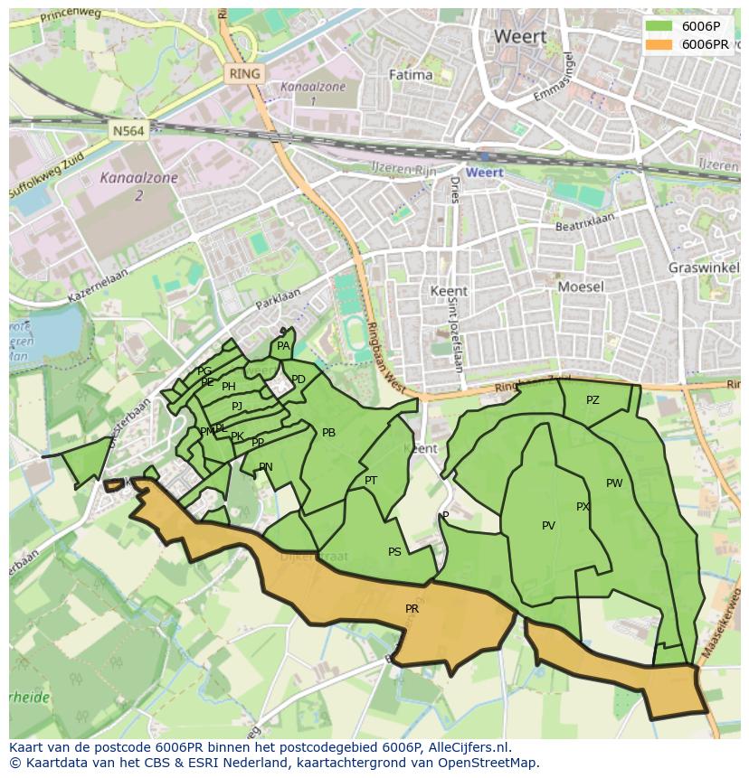 Afbeelding van het postcodegebied 6006 PR op de kaart.