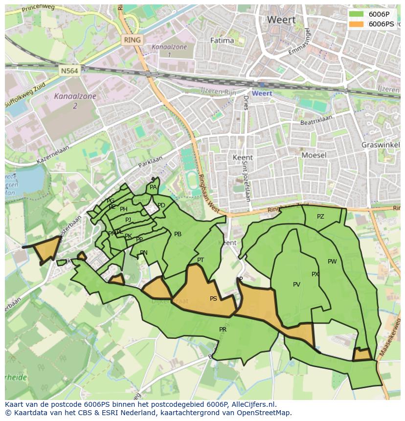 Afbeelding van het postcodegebied 6006 PS op de kaart.