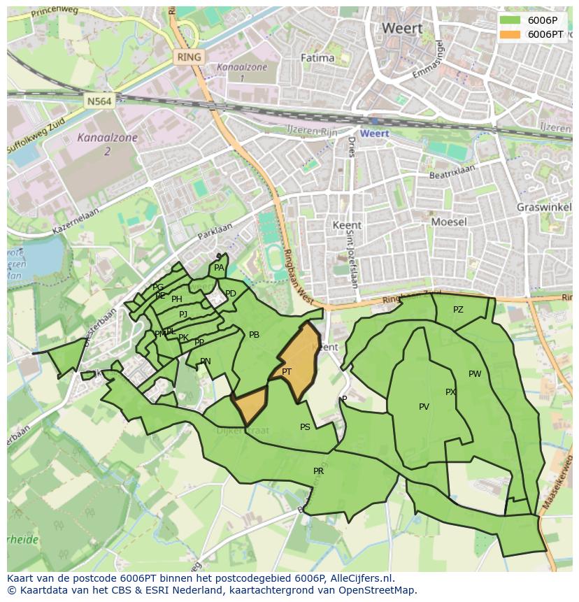 Afbeelding van het postcodegebied 6006 PT op de kaart.