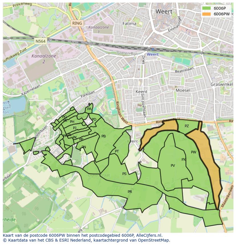 Afbeelding van het postcodegebied 6006 PW op de kaart.